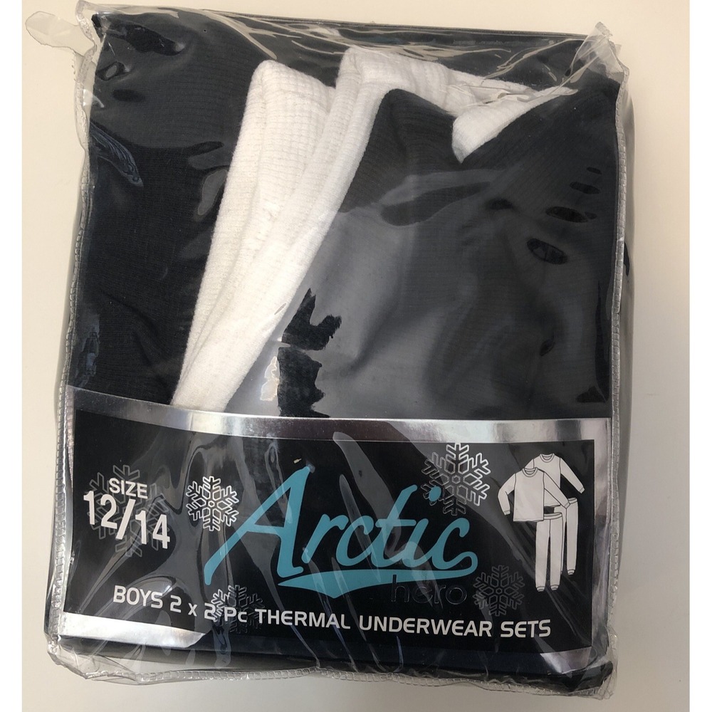Arctic Hero Thermal Underwear Boys Size 12/14 White Black 2 Pack Set Waffle Knit